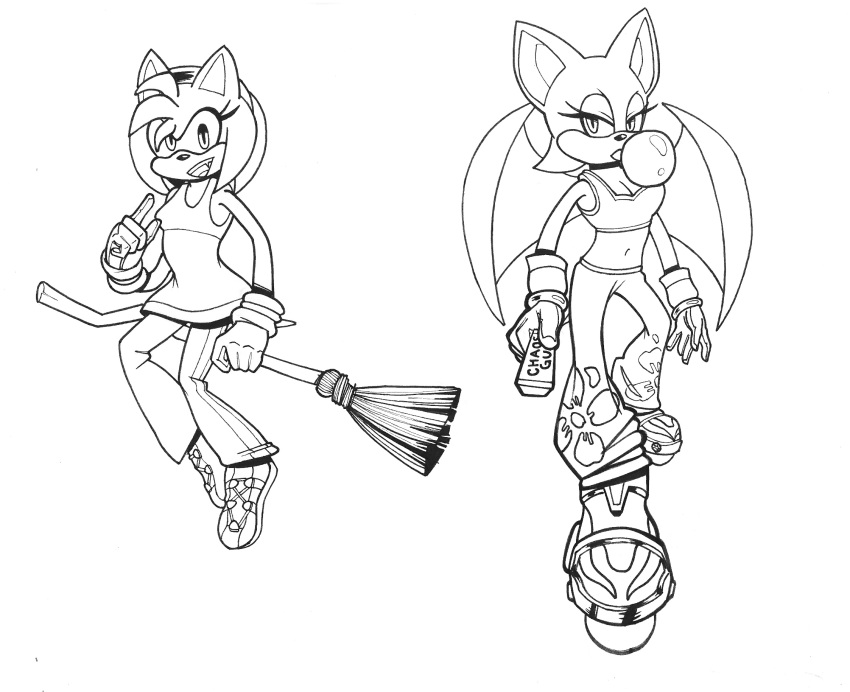 alternate_costume amy_rose anthro autenticovadito bat bat_wings black_and_white broom bubble_gum cleaning_tool duo eulipotyphlan female female/female hedgehog hi_res humanoid looking_at_viewer mammal marker_(artwork) membrane_(anatomy) membranous_wings mobian_bat mobian_hedgehog monochrome roller_skates rouge_the_bat sega simple_background sonic_riders sonic_the_hedgehog_(series) traditional_media_(artwork) white_background wings