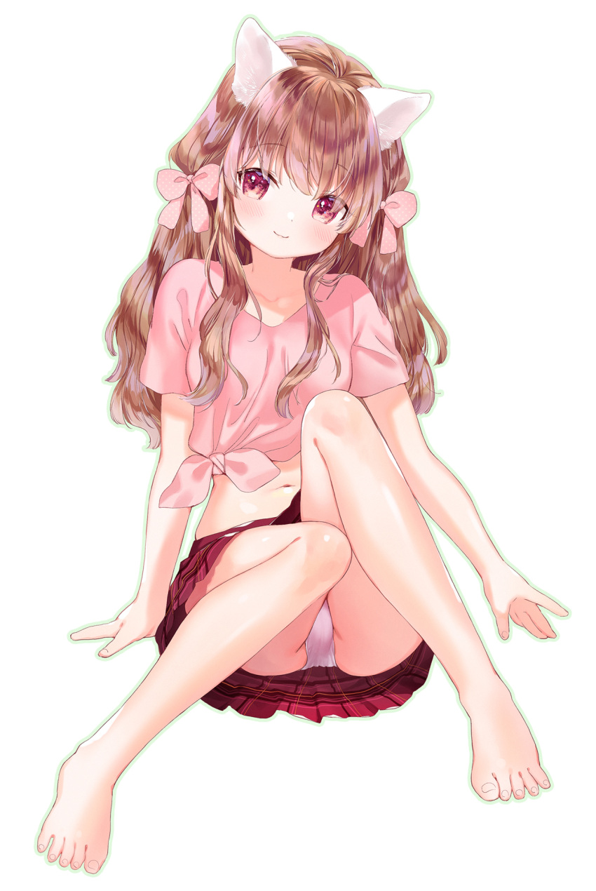 1girl animal_ears arm_support bare_legs barefoot blush breasts brown_hair cat_ears feet full_body grey_panties hair_ribbon highres knees_up legs long_hair looking_at_viewer mutou_mato navel original panties pantyshot pink_eyes pink_ribbon pink_shirt plaid plaid_skirt red_skirt ribbon shirt simple_background sitting skirt small_breasts smile solo t-shirt tied_shirt toenails toes underwear white_background
