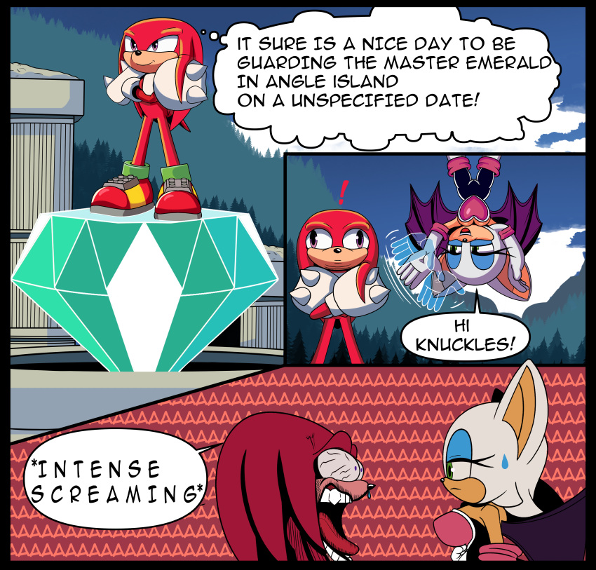 absurd_res anthro bat clothing comic duo echidna emerald_(gem) english_text female gem hi_res knuckles_the_echidna male male/female mammal meme monotreme rouge_the_bat screaming sega simple_background sky sonic_the_hedgehog_(series) text