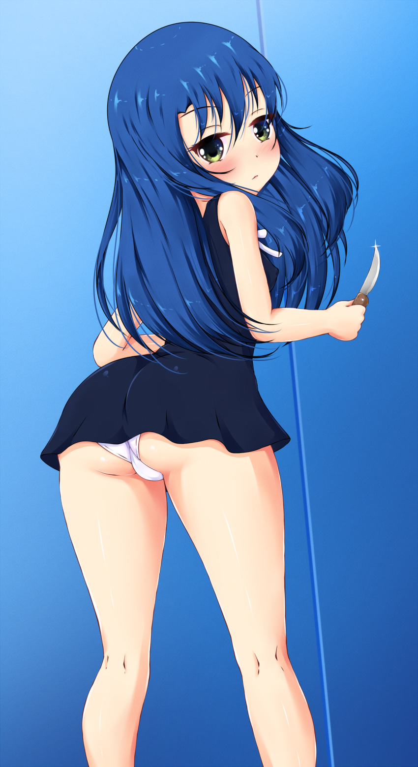 1girl aged_down agent_aika aika_(series) aika_r-16 ass blue_hair blush breasts clone closed_mouth commentary_request ether_core highres holding holding_knife holding_weapon kneepits knife long_hair minamino_karen panties skirt underwear weapon
