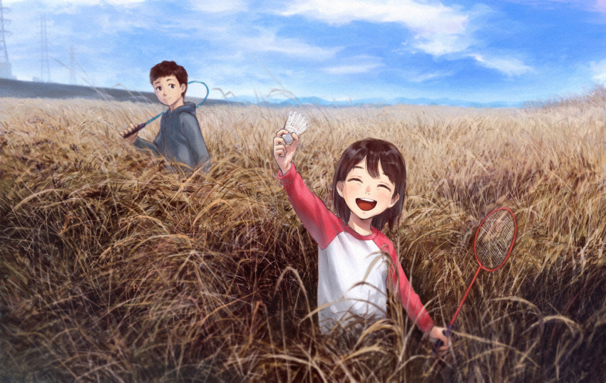 1boy 1girl badminton badminton_racket black_eyes blue_sky blurry blush brown_hair closed_eyes depth_of_field field grey_hoodie highres holding holding_racket hood hoodie open_mouth original outdoors racket raglan_sleeves shirt short_hair sky smile susuki_grass teeth upper_teeth_only utility_pole yamamoto_suzume