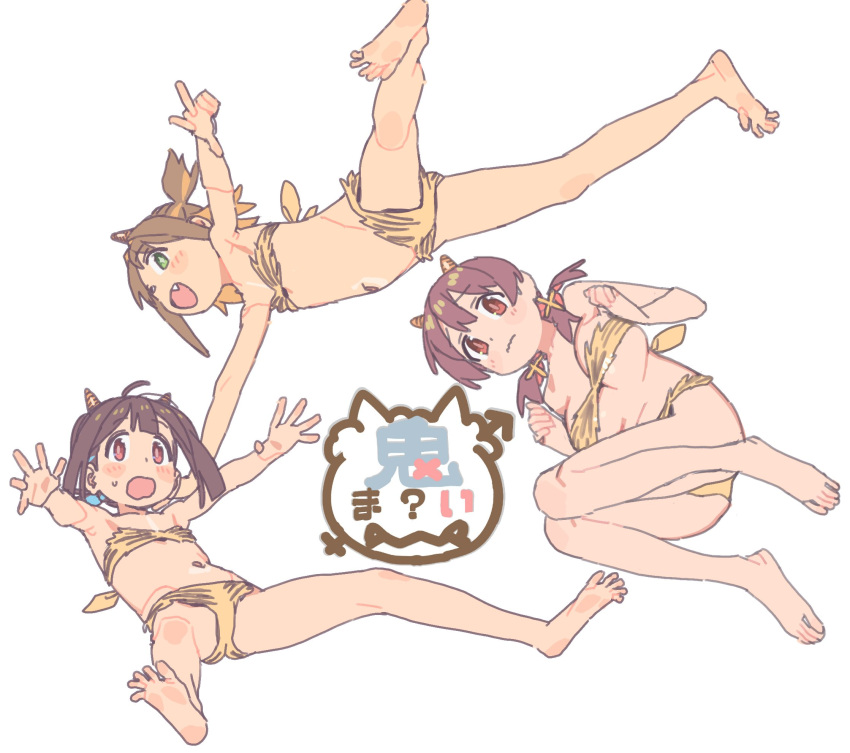 3girls alternate_costume animal_print bare_arms bare_legs bare_shoulders barefoot bikini blonde_hair blue_hair blush breasts bright_pupils brown_eyes brown_hair fang flat_chest full_body green_eyes highres horns hozuki_momiji imamura_ryou large_breasts low_twintails midair multicolored_hair multiple_girls murosaki_miyo oka_asahi oni_horns onii-chan_wa_oshimai! open_mouth outstretched_arms print_bikini pun simple_background streaked_hair sweatdrop swimsuit tiger_print translated twintails w wavy_mouth white_background