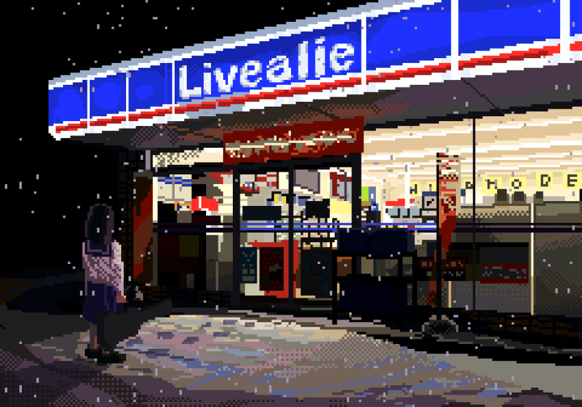 1girl animated animated_gif black_footwear black_hair blue_sailor_collar blue_skirt convenience_store dongq footprints medium_hair night original outdoors pixel_art sailor_collar scenery school_uniform shirt shop sign skirt snow snowflakes snowing standing store_sign white_shirt wind