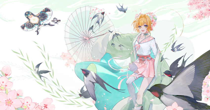 1girl :d acfun acfun_girl arm_up asymmetrical_legwear bird bun_cover chinese_clothes choker coat double_bun feet_out_of_frame flower green_background green_choker green_coat hair_bun hair_intakes hanfu highres holding holding_umbrella kite kite_flying leaf long_sleeves looking_at_viewer midriff miniskirt official_art official_wallpaper oil-paper_umbrella open_clothes open_coat orange_eyes orange_hair outstretched_arm peach_blossom pink_flower pink_ribbon pink_sailor_collar pink_skirt pleated_skirt ribbon sailor_collar school_uniform serafuku short_hair skirt smile socks solo spring_(season) standing swallow_(bird) teeth thighhighs umbrella uneven_legwear upper_teeth_only waist_ribbon white_serafuku white_socks white_thighhighs wide_sleeves willow wind