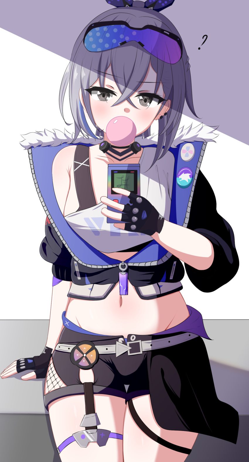 1girl absurdres breasts chewing_gum closed_mouth commentary earrings eyewear_on_head grey_eyes grey_hair hair_between_eyes hand_in_pocket high_ponytail highres honkai:_star_rail honkai_(series) jacket jewelry long_sleeves looking_at_viewer open_clothes open_jacket phone silver_wolf_(honkai:_star_rail) simple_background small_breasts solo sports_bra upper_body zhyseven