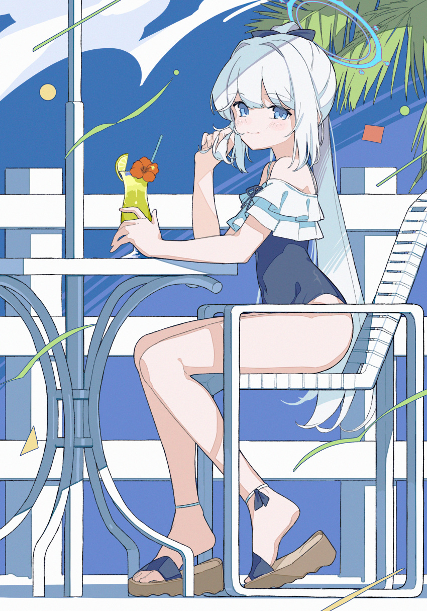 1girl absurdres ashuho bare_shoulders blue_archive blue_background blue_eyes blue_halo blue_one-piece_swimsuit blush closed_mouth covered_navel eyelashes feet frilled_one-piece_swimsuit frills full_body grey_hair hair_between_eyes halo hand_up highres holding legs looking_at_viewer miyako_(blue_archive) miyako_(swimsuit)_(blue_archive) off-shoulder_one-piece_swimsuit off_shoulder one-piece_swimsuit outdoors palm_tree sandals shadow shoe_dangle sitting solo swept_bangs swimsuit table thighs toes tree two-tone_one-piece_swimsuit