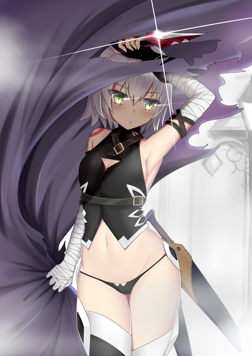 1girl absurdres ahoge arm_belt bandaged_arm bandages bare_shoulders black_panties cape dagger fate/apocrypha fate/grand_order fate_(series) gloves green_eyes highres holding holding_dagger holding_knife holding_weapon jack_the_ripper_(fate/apocrypha) knife looking_at_viewer lowleg lowleg_panties mo_ying_yu panties scar scar_across_eye scar_on_cheek scar_on_face short_hair shoulder_tattoo single_glove tattoo thighhighs thighs underwear weapon white_hair