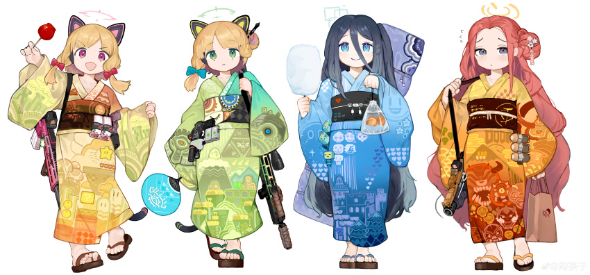 4girls ?_block absurdres alternate_costume animal_ear_headphones animal_ears aris_(blue_archive) bag bagged_fish battle_rifle belt_pouch black_hair blonde_hair blue_archive blue_bow blue_eyes bow cacodemon candy_apple cat_ear_headphones character_request clip_(weapon) closed_mouth coin commentary cotton_candy doom_(series) fake_animal_ears fish flying_sweatdrops food forehead frown full_body game_development_department_(blue_archive) geta goldfish green_eyes grey_eyes gun h&amp;k_g3 hair_between_eyes hair_bow hair_bun halo hand_fan headphones highres holding holding_bag holding_fan holding_food imp_(doom) japanese_clothes kimono long_bangs long_hair looking_at_viewer m320 mario_(series) medium_hair menthako midori_(blue_archive) momoi_(blue_archive) multiple_girls new_super_mario_bros._u_deluxe no_socks obi obijime one-eyed open_mouth pain_elemental paper_fan pouch print_kimono red_bow red_eyes red_hair rifle sash short_hair simple_background single_hair_bun single_side_bun standing straight-on super_mario_3d_land super_mario_3d_world super_mario_odyssey super_star_(mario) tail the_legend_of_zelda the_legend_of_zelda:_breath_of_the_wild the_legend_of_zelda:_tears_of_the_kingdom uchiwa undertale v-shaped_eyebrows very_long_hair warp_pipe weapon weibo_logo weibo_username white_background yukata yuzu_(blue_archive) |_|