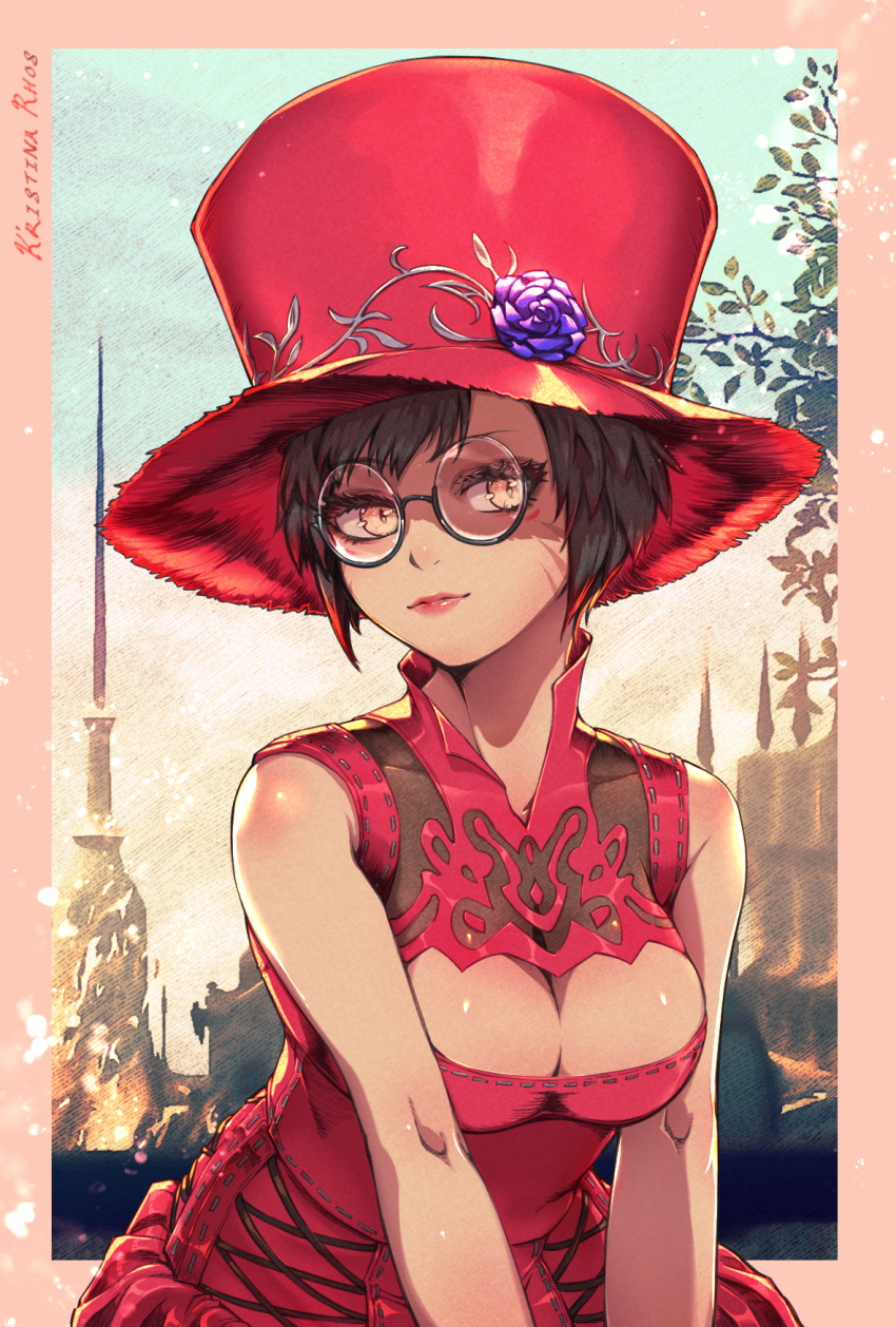 1girl breasts brown_hair cleavage cleavage_cutout closed_mouth clothing_cutout dress final_fantasy final_fantasy_xiv glasses highres large_breasts lochris looking_at_viewer miqo'te red_dress red_headwear round_eyewear short_hair solo warrior_of_light_(ff14) yellow_eyes
