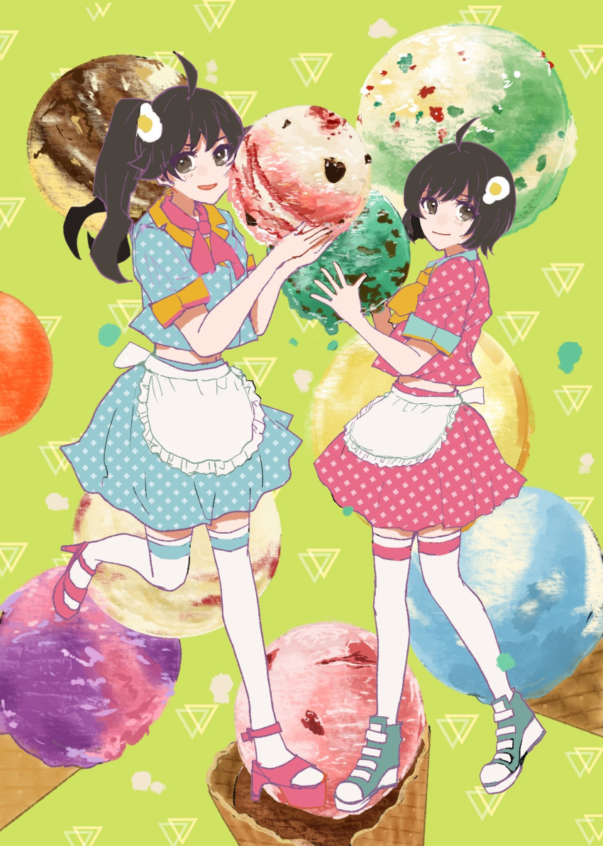 2girls :d ahoge alternate_costume apron araragi_karen araragi_tsukihi black_hair blue_shirt blue_skirt bow bowtie closed_mouth egg_hair_ornament food food-themed_hair_ornament frilled_apron frills full_body green_background grey_eyes hair_ornament hands_up high_heels highres holding ice_cream long_hair looking_at_viewer maid maid_apron monogatari_(series) multiple_girls open_mouth patterned_clothing pink_bow pink_bowtie pink_footwear pink_shirt pink_skirt ponytail puffy_short_sleeves puffy_sleeves sandals shirt shoes short_hair short_sleeves siblings sisters skirt smile sneakers standing standing_on_one_leg swept_bangs thighhighs valhalla0707 white_apron white_thighhighs yellow_bow yellow_bowtie