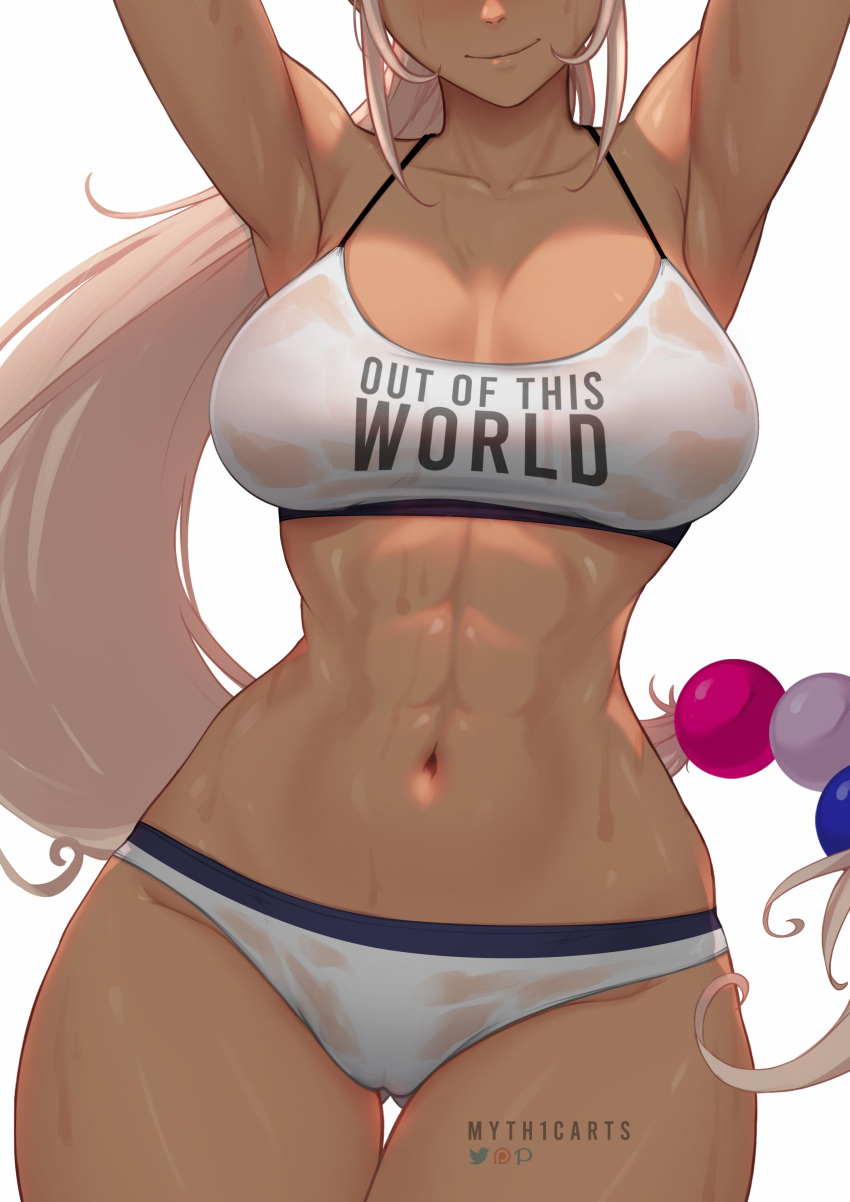 1girl abs absurdres alternate_costume armpits arms_up artist_name ass_visible_through_thighs blush breasts buruma cameltoe collarbone commentary cowboy_shot curvy dark-skinned_female dark_skin english_commentary hair_ornament highres hololive hololive_english large_breasts light_brown_hair long_hair muscular muscular_female myth1carts patreon_logo pixiv_logo planet_hair_ornament simple_background smile solo sports_bra stomach sweat thigh_gap thighs toned tsukumo_sana twitter_logo virtual_youtuber white_background white_buruma white_sports_bra wide_hips