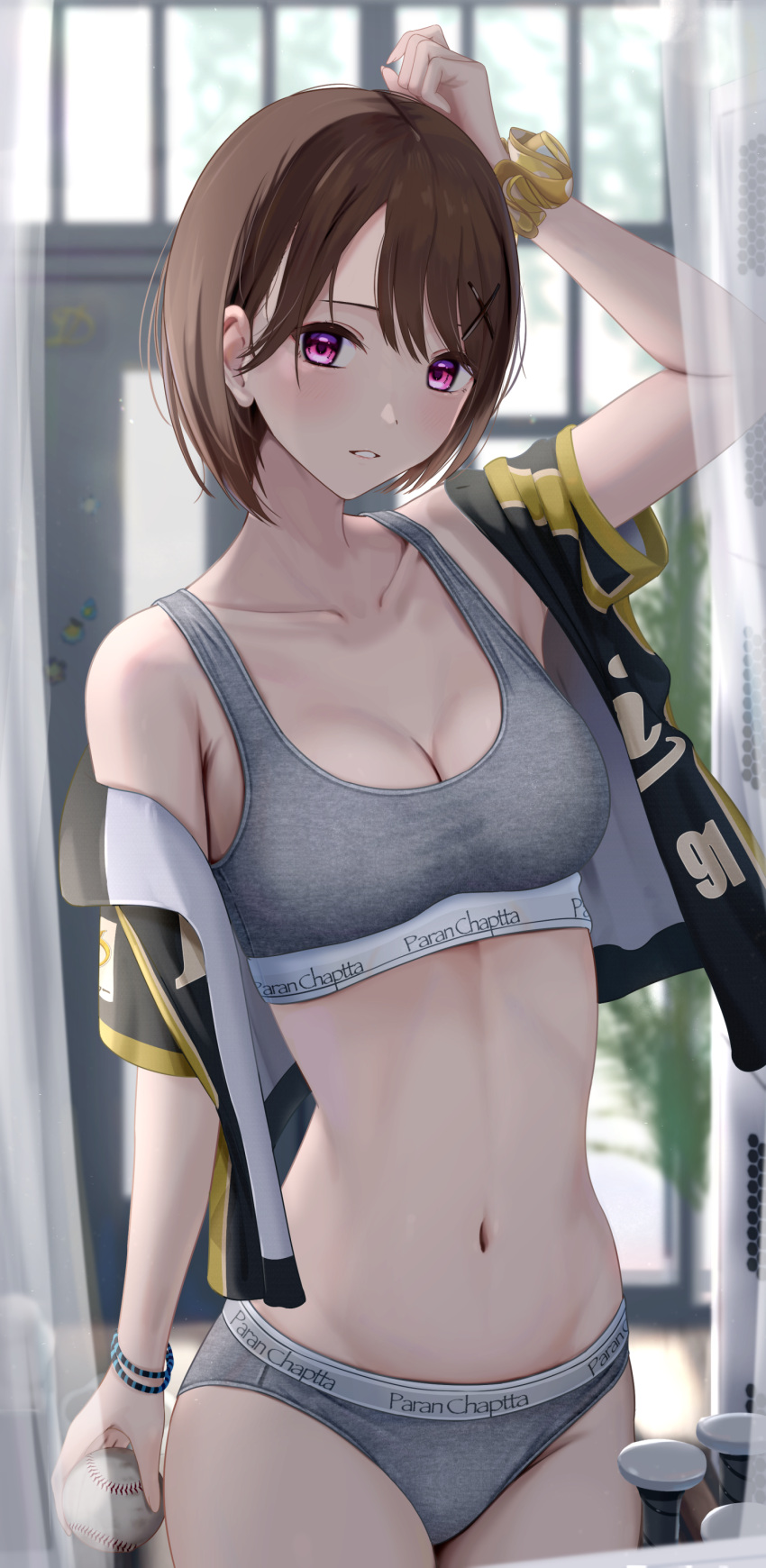 1girl absurdres arm_up ball baseball baseball_bat baseball_uniform blurry blurry_background bra breasts brown_hair cleavage collarbone commentary_request curtains grey_bra grey_panties hair_ornament highres holding holding_ball inaka_44 indoors large_breasts light_blush locker locker_room looking_at_viewer open_clothes open_shirt original panties parted_lips purple_eyes scrunchie short_hair short_sleeves solo sportswear teeth underwear wrist_scrunchie x_hair_ornament yellow_scrunchie