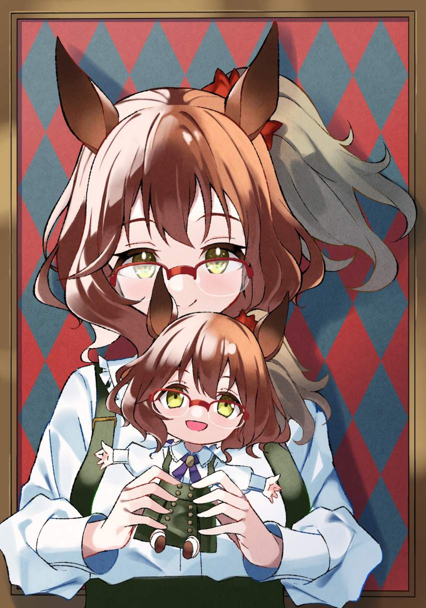 1girl animal_ears argyle argyle_background aston_machan_(umamusume) bespectacled border brown_border brown_hair buttons character_doll closed_mouth commentary_request doll double-breasted glasses green_eyes hair_between_eyes highres holding holding_doll horse_ears horse_girl looking_at_viewer medium_hair official_alternate_costume open_mouth purple_ribbon red-framed_eyewear red_scrunchie reversi_(reversi_ppp) ribbon scrunchie semi-rimless_eyewear smile solo umamusume upper_body