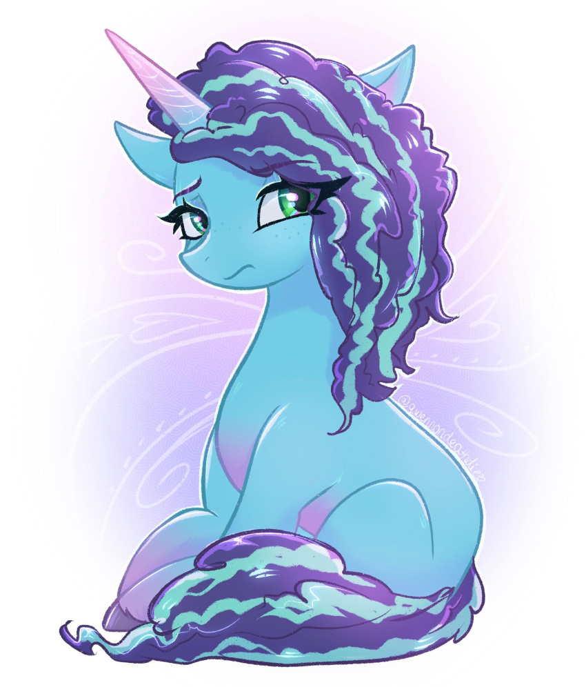 blue_body blue_hair blue_hooves blue_mane blue_tail curled_hair digital_media_(artwork) equid equine eyebrow_through_hair eyebrows eyelashes freckles green_eyes hair hasbro hi_res hooves horn mammal mane misty_(g5) mlp_g5 my_little_pony qwennondeathdie sitting solo tail translucent translucent_hair unicorn unicorn_horn