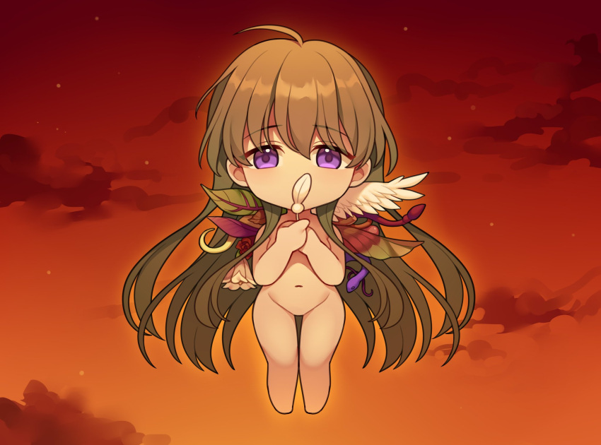 1girl ahoge chibi cloud completely_nude dusk feathered_wings feathers flower_wings full_body green_hair highres holding holding_feather leaf_wings long_hair looking_at_viewer may_(2747513627) mismatched_wings navel nude plant_wings purple_eyes sayonara_wo_oshiete sky snake solo sugamo_mutsuki twilight very_long_hair wings