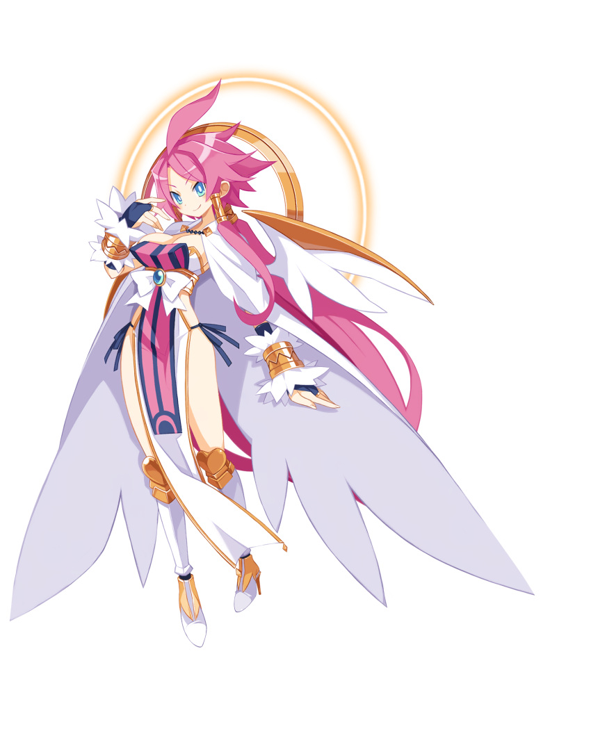 1girl blue_eyes boots bracelet breasts bridal_gauntlets bright_pupils cape cleavage disgaea disgaea_d2 feathered_wings gold_bracelet hair_tubes halo high_heels highres jewelry knee_boots large_breasts long_hair non-web_source official_art pelvic_curtain photoshop_(medium) pink_hair sidelocks smile solo transparent_background very_long_hair vulcanus_(disgaea_4) wings