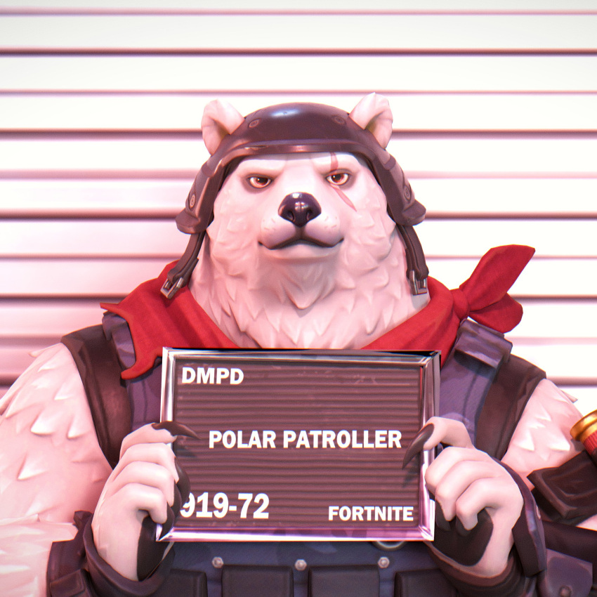 1:1 2023 3d_(artwork) anthro armor bandanna barbie_and_ken_mugshot_meme bear bust_portrait digital_media_(artwork) dollymolly323 english_text epic_games eye_scar facial_scar fortnite front_view fur headgear helmet hi_res holding_object humanoid_hands icon kerchief looking_at_viewer male mammal meme mugshot neckerchief polar_bear polar_patroller portrait red_bandanna red_kerchief red_neckerchief scar solo text ursine white_body white_fur