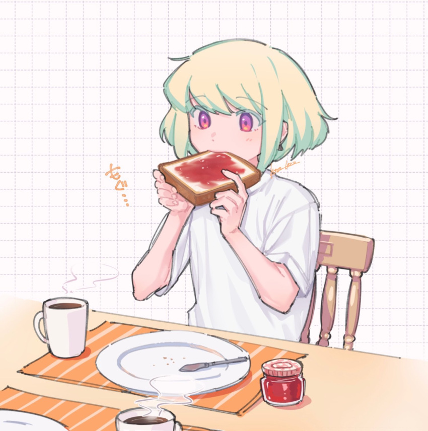 1boy blonde_hair butter_knife chair coffee coffee_mug cup earrings eating food grid_background highres holding holding_food jam jewelry kome_1022 lio_fotia male_focus mug on_chair otoko_no_ko placemat plate promare purple_eyes shirt short_hair solo steam toast triangle_earrings white_background white_shirt