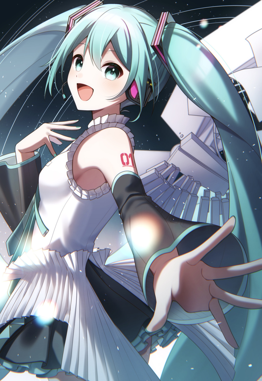 1girl absurdres blue_eyes blue_hair blush commentary detached_sleeves hair_ornament hatsune_miku hatsune_miku_happy_16th_birthday_-dear_creators- headphones headset highres long_hair looking_at_viewer nail_polish neck_ribbon open_mouth piano_keys reaching reaching_towards_viewer ribbon see-through see-through_sleeves shirt sky sleeveless sleeveless_shirt smile solo star_(sky) starry_sky teneko02 twintails very_long_hair vocaloid