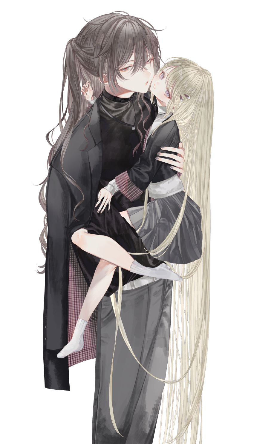 1boy 1girl absurdly_long_hair absurdres age_difference bishounen black_jacket black_nails black_shirt blonde_hair couple face-to-face feet_out_of_frame grey_eyes grey_hair grey_pants grey_skirt hair_between_eyes hair_ornament hairclip half_updo hetero highres jacket jacket_on_shoulders lifting_person long_hair looking_at_viewer msa_(fary_white) original pants purple_eyes red_pupils shirt simple_background skirt slit_pupils smile socks very_long_hair white_background white_socks
