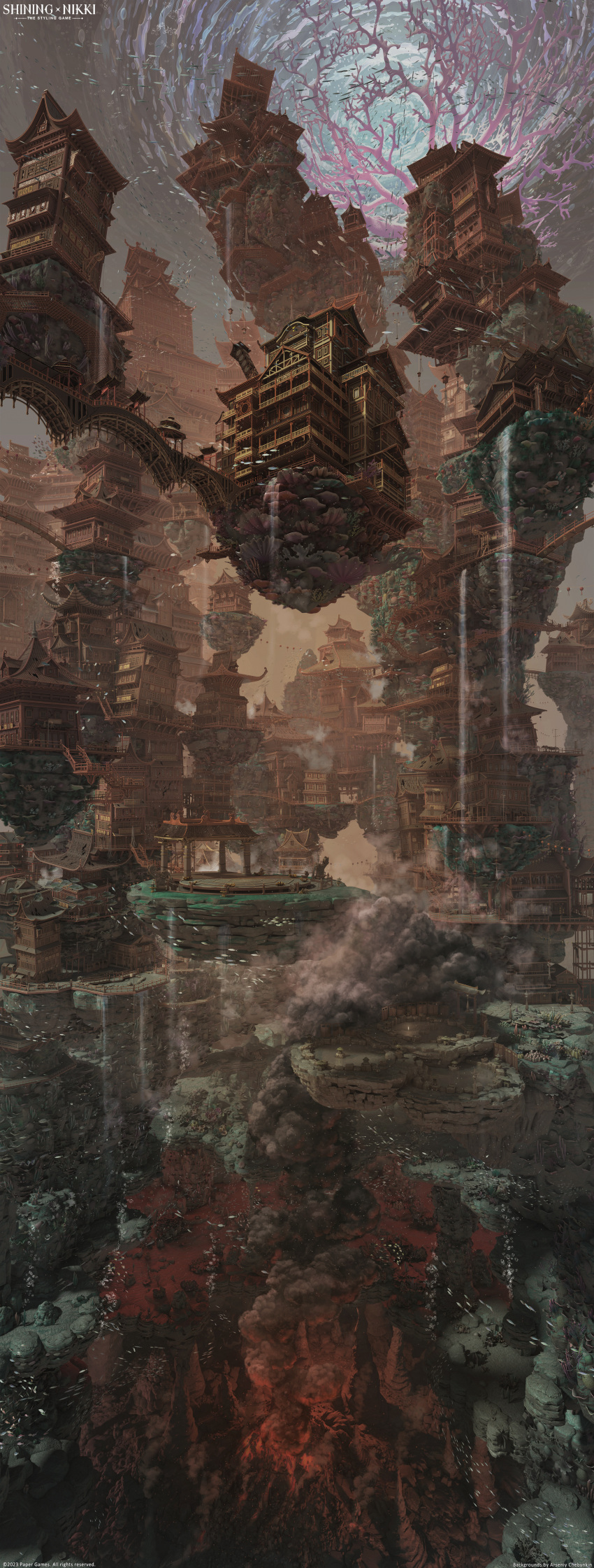 3d absurdres architecture arsenixc building coral east_asian_architecture fish highres lantern no_humans ocean official_art scenery shining_nikki submerged water