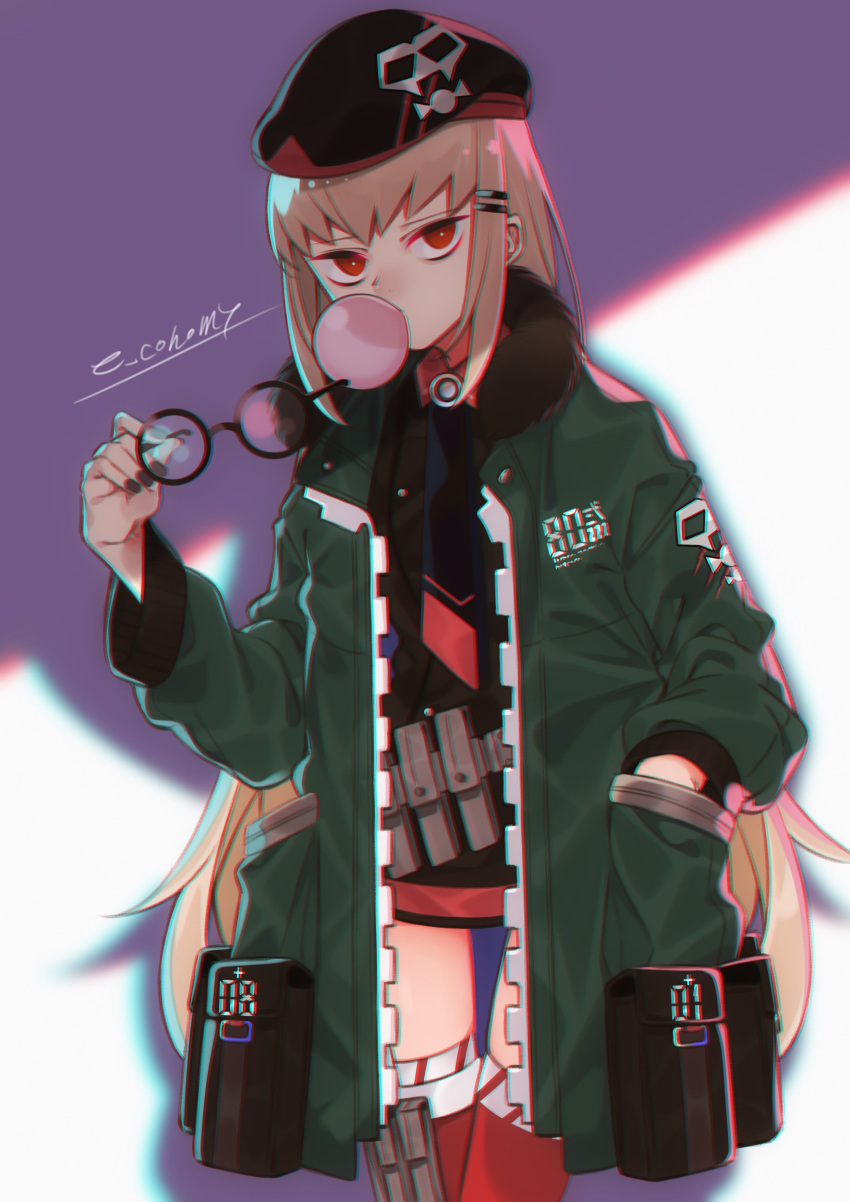 1girl absurdres beret black_headwear black_nails black_shirt blonde_hair bubble_blowing chewing_gum commentary_request e_draw_paint fingernails girls'_frontline glasses green_jacket hair_ornament hairclip hand_in_pocket hat highres holding holding_eyewear jacket load_bearing_equipment long_hair long_sleeves looking_at_viewer open_clothes open_jacket pouch red_eyes red_thighhighs round_eyewear shirt simple_background skindentation solo thighhighs twitter_username type_80_(girls'_frontline) very_long_hair