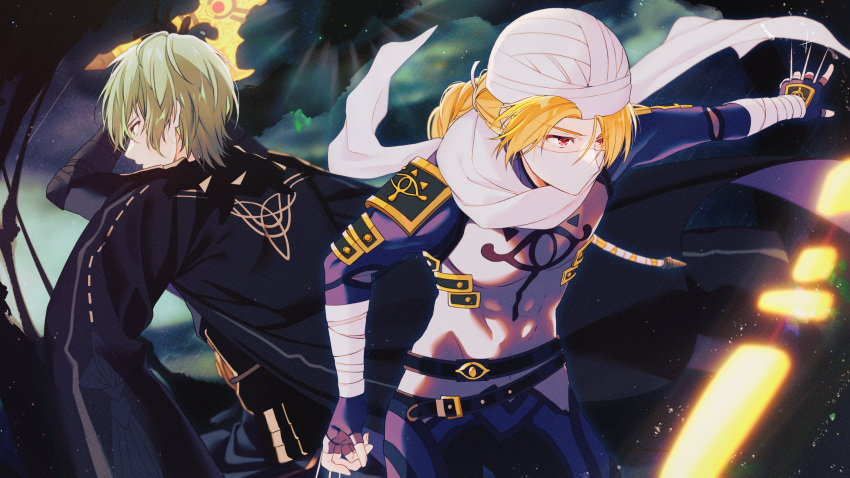 1boy 1girl bandaged_arm bandages blonde_hair braid byleth_(fire_emblem) byleth_(male)_(fire_emblem) crossover enlightened_byleth_(male) fingerless_gloves fire_emblem fire_emblem:_three_houses gloves green_eyes green_hair hair_between_eyes highres long_hair mask mouth_mask red_eyes sephikowa sheik single_braid super_smash_bros. sword sword_of_the_creator the_legend_of_zelda the_legend_of_zelda:_ocarina_of_time turban weapon white_mask