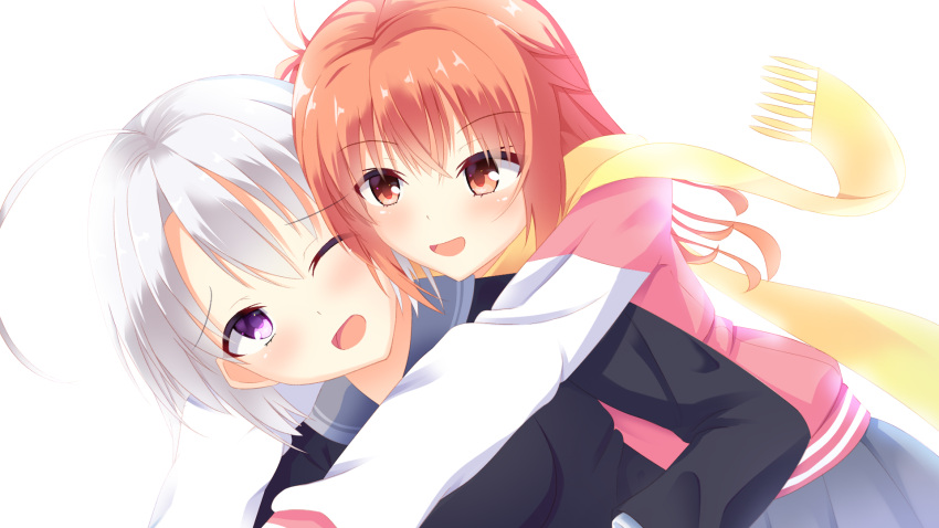 2girls :d ahoge ayachi_nene black_jacket bloom blush commentary crossed_bangs eyelashes eyes_visible_through_hair friends fringe_trim furrowed_brow hair_between_eyes happy heads_together highres hug hug_from_behind inaba_meguru jacket long_hair long_sleeves looking_at_another multiple_girls one_eye_closed open_mouth orange_hair pink_jacket purple_eyes red_eyes saika_account sanoba_witch scarf school_uniform simple_background smile upper_body upturned_eyes white_background white_hair white_sleeves yellow_scarf