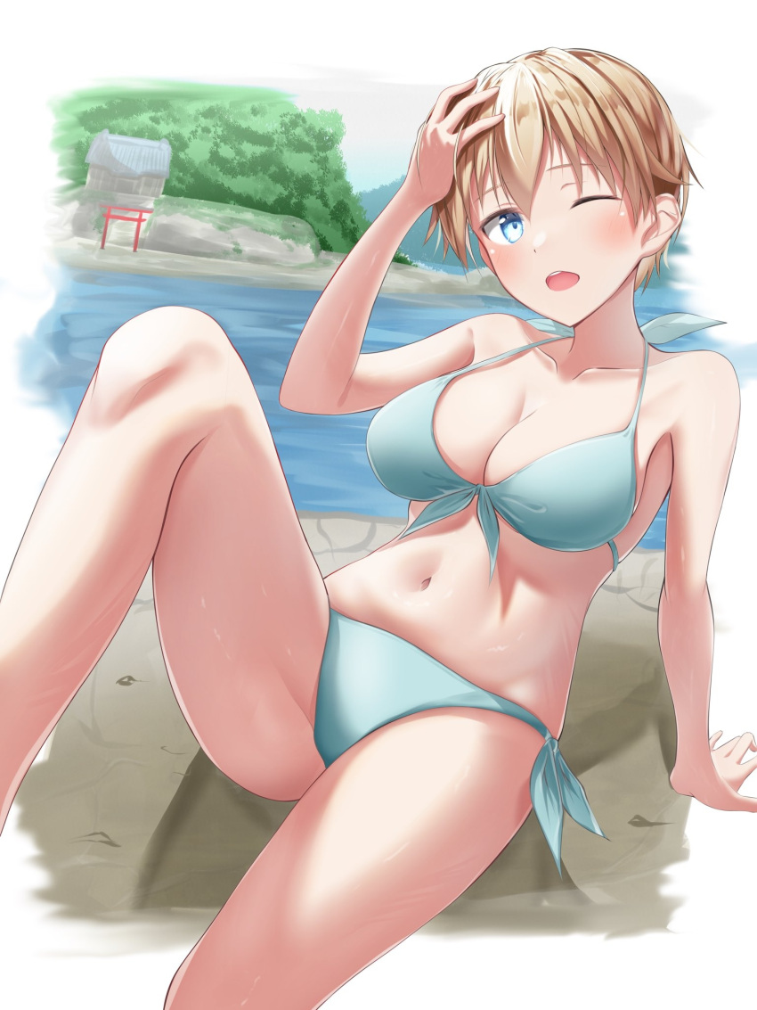 1girl arm_support bikini blonde_hair blue_bikini blue_eyes blush brave_witches breasts cleavage collarbone hand_on_own_head highres iwabuchi501 large_breasts looking_at_viewer navel nikka_edvardine_katajainen one_eye_closed open_mouth outdoors short_hair side-tie_bikini_bottom solo swimsuit world_witches_series