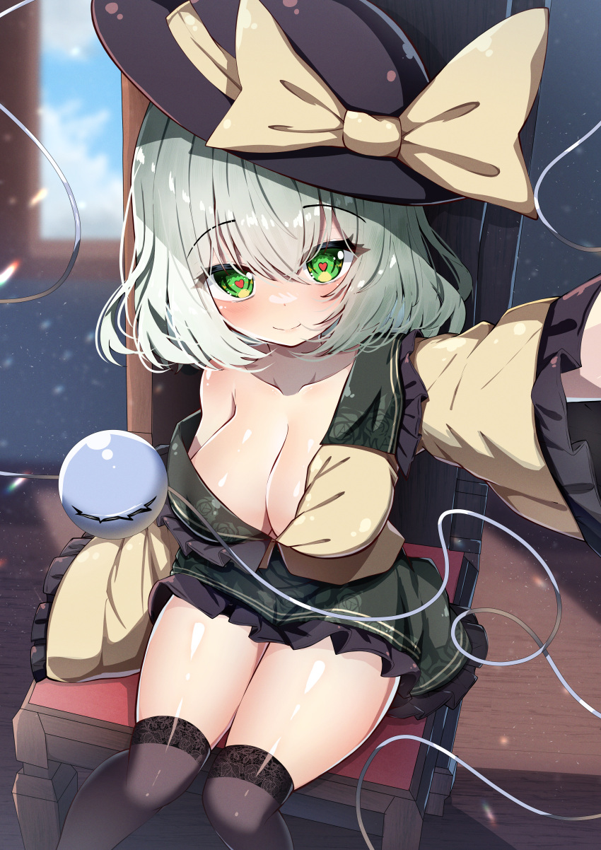 1girl absurdres black_headwear black_thighhighs blurry blurry_background bow breasts cleavage closed_mouth commentary_request dfra eyeball floral_print frilled_sleeves frills green_eyes hat hat_bow heart heart-shaped_pupils highres komeiji_koishi large_breasts light_green_hair long_sleeves looking_at_viewer outdoors reaching reaching_towards_viewer rose_print sitting solo symbol-shaped_pupils thighhighs thighs third_eye touhou wide_sleeves yellow_bow