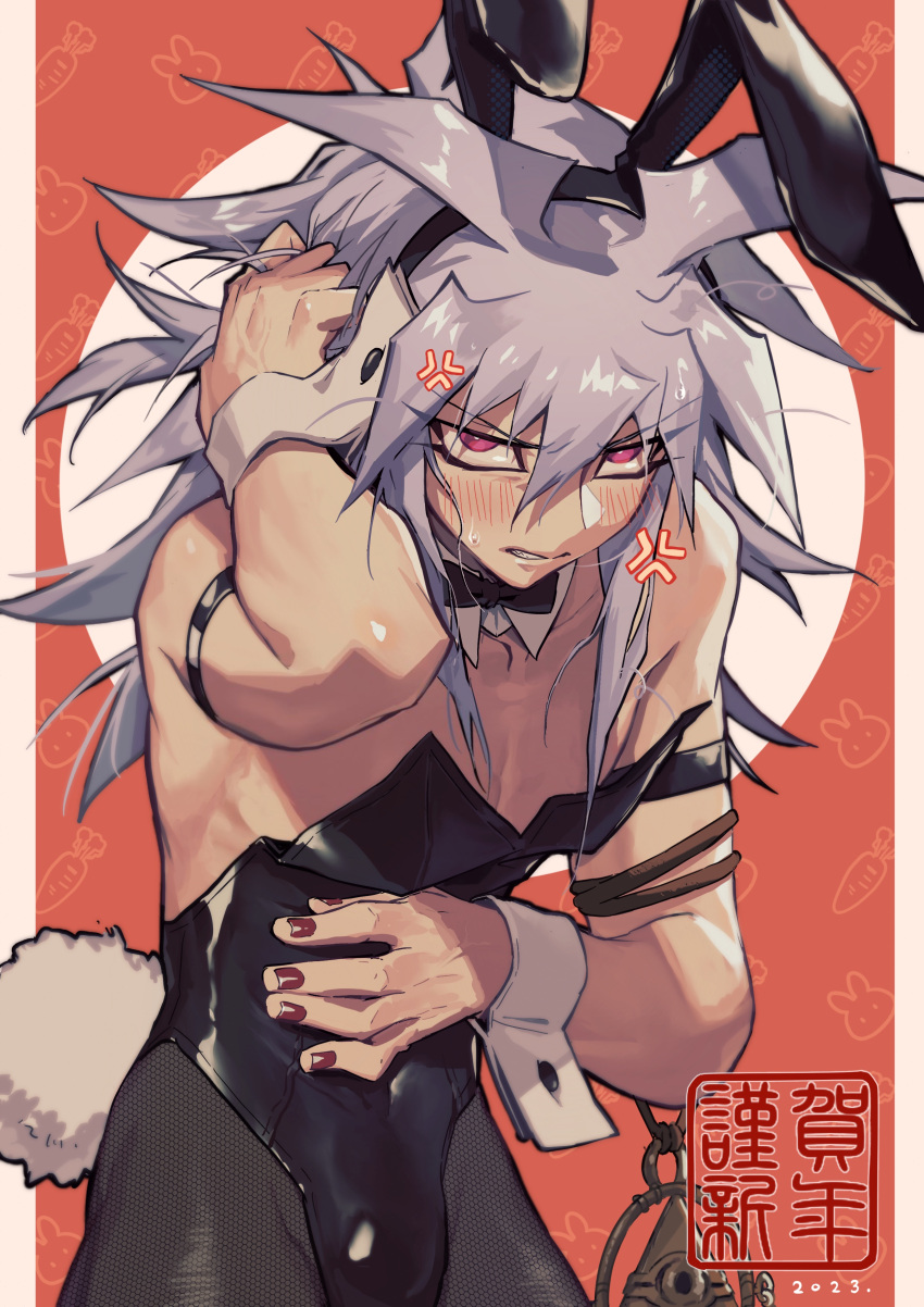 1boy absurdres alternate_costume anger_vein animal_ears blush clenched_teeth fake_animal_ears grey_hair highres long_hair loose_clothes male_focus millennium_ring pectorals playboy_bunny rabbit_ears red_eyes solo spiked_hair sweatdrop teeth translation_request xiao_(creation0528) yami_bakura yu-gi-oh!