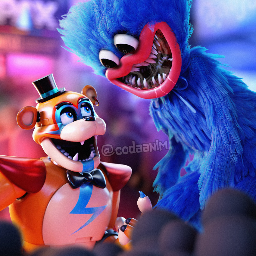 2023 3d_(artwork) :d absurd_res animate_inanimate animatronic anthro bear big_mouth_(anatomy) black_eyes black_nose blender_(software) blue_body blue_claws blue_eyes blue_fur blurred_background blurred_character blurred_foreground bodily_fluids bodypaint bow_tie bracelet claws clothing codaanim crossover crowd detailed digital_media_(artwork) drooling duo ear_piercing ear_ring earless english_text eye_contact face_paint fangs five_nights_at_freddy's five_nights_at_freddy's:_security_breach fur furred_monster glamrock_freddy_(fnaf) group happy hat headgear headwear hi_res huggy_wuggy inside jewelry lips looking_at_another looking_down looking_up machine male mammal monster multicolored_body multicolored_ears noseless nude nude_male o_o open_mouth orange_body pax_(gaming_festival) piercing poppy_playtime red_lips ring_piercing robot rockstar round_ears round_eyes saliva scottgames shadow sharp_claws sharp_teeth short_anthro short_male shoulder_guards signature size_difference smile smiling_at_another smiling_at_each_other spiked_bracelet spikes standing steel_wool_studios tall_male tan_body teeth text thick_lips top_hat toy watermark wide_eyed