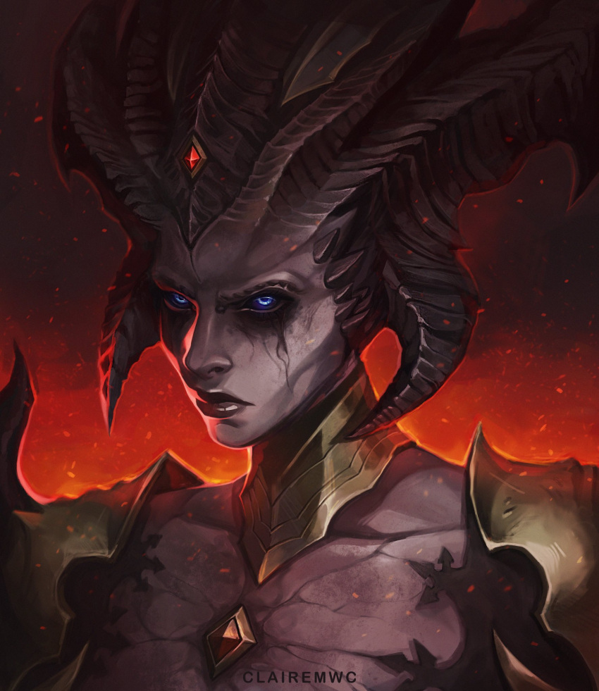 1girl black_sclera blue_eyes clairemwc collarbone colored_sclera colored_skin demon_girl diablo diablo_4 gem gradient_background grey_skin highres horns lilith_(diablo) looking_at_viewer red_background red_lips serious shoulder_plates solo