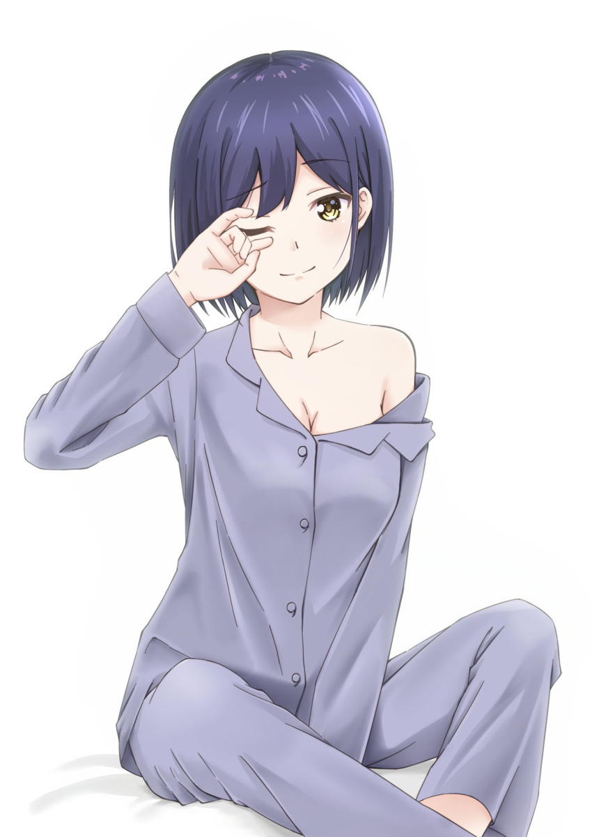 1girl ;) blue_hair blue_pajamas breasts cleavage closed_mouth collarbone commentary_request hand_up highres mole mole_under_eye nijisanji one_eye_closed oyama_natsuki pajamas pants shirt shizuka_rin short_hair simple_background sitting smile solo virtual_youtuber white_background yellow_eyes