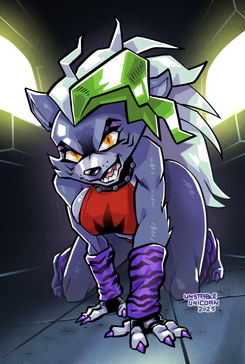 anthro breasts canid canine canis claws female finger_claws five_nights_at_freddy's five_nights_at_freddy's:_security_breach fur grey_body grey_fur grey_hair hair hi_res looking_at_viewer mammal open_mouth roxanne_wolf_(fnaf) scottgames solo steel_wool_studios toe_claws unstableunicorn wolf yellow_eyes