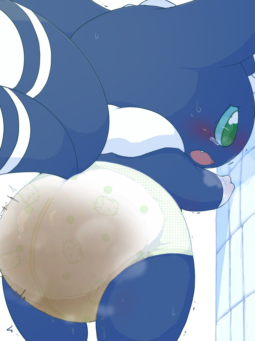 absurd_res ambiguous_gender anthro blue_body blue_fur blush bodily_fluids clothed clothing diaper diaper_fetish diaper_only diaper_use digital_media_(artwork) feces full_diaper fur generation_6_pokemon hi_res mammal meowstic messing messing_diaper messy_diaper nintendo omotii open_mouth pokemon pokemon_(species) pooping rear_view scat soiled_diaper soiling soiling_diaper solo sweat tail tears topless wearing_diaper