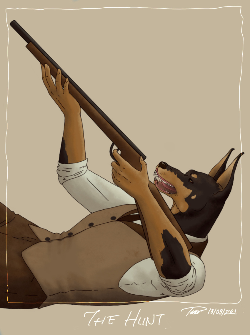 aiming_weapon ambiguous_gender anthro bottomwear canid canine canis clothed clothing dobermann domestic_dog entity_(tma) fangs fully_clothed gun hi_res humanoid_hands hunt_(tma) lying mammal necktie on_back panbeing-art pants pinscher prick_ears ranged_weapon rifle shirt solo teeth the_magnus_archives topwear vest weapon