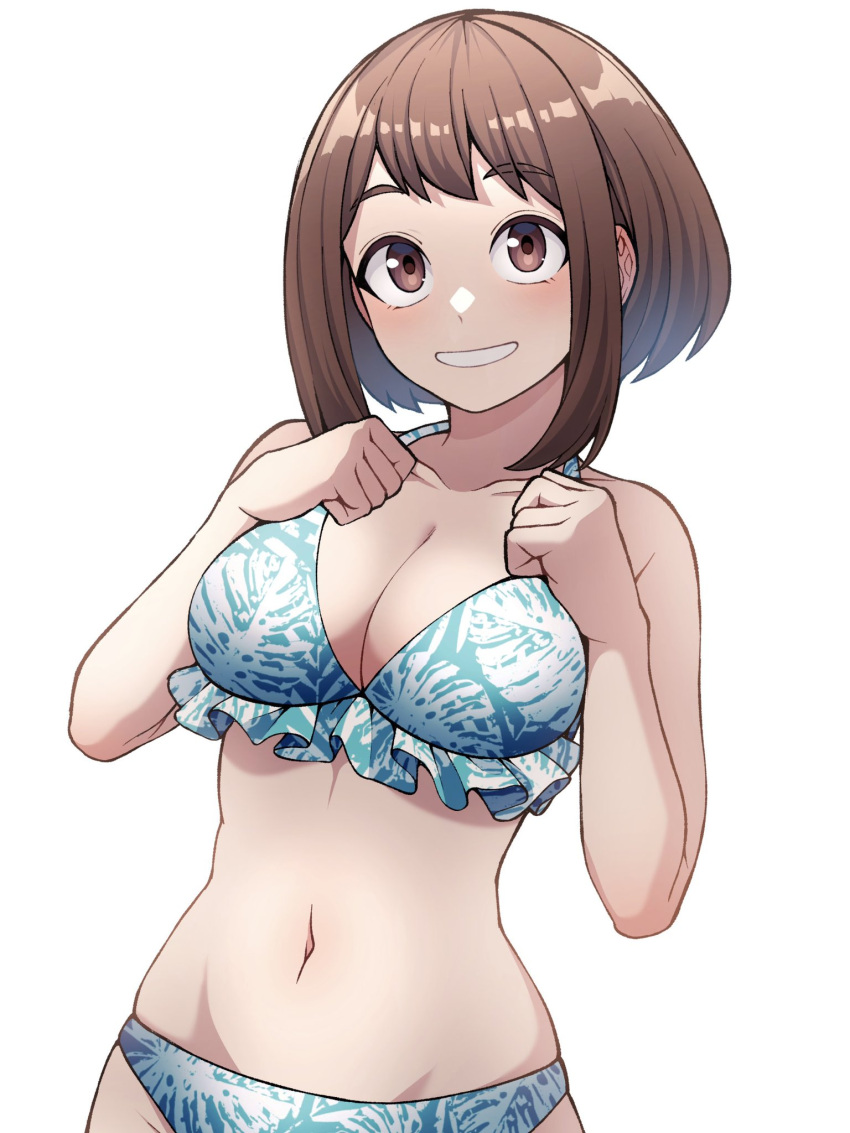 1girl bare_shoulders belly bikini blue_bikini blush boku_no_hero_academia breasts brown_eyes brown_hair cleavage collarbone commentary groin highres kobaji large_breasts looking_at_viewer midriff navel short_hair simple_background smile solo swimsuit uraraka_ochako white_background wide_hips