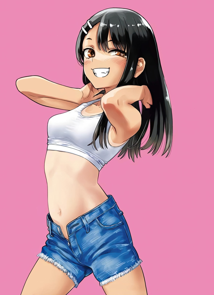 1girl 774_(nanashi) artist_request black_hair blush brown_eyes check_artist denim denim_shorts eyelashes hair_ornament hairclip happy highres ijiranaide_nagatoro-san long_hair looking_at_viewer midriff nagatoro_hayase navel official_art pink_background shorts simple_background smile solo source_request standing tank_top white_tank_top