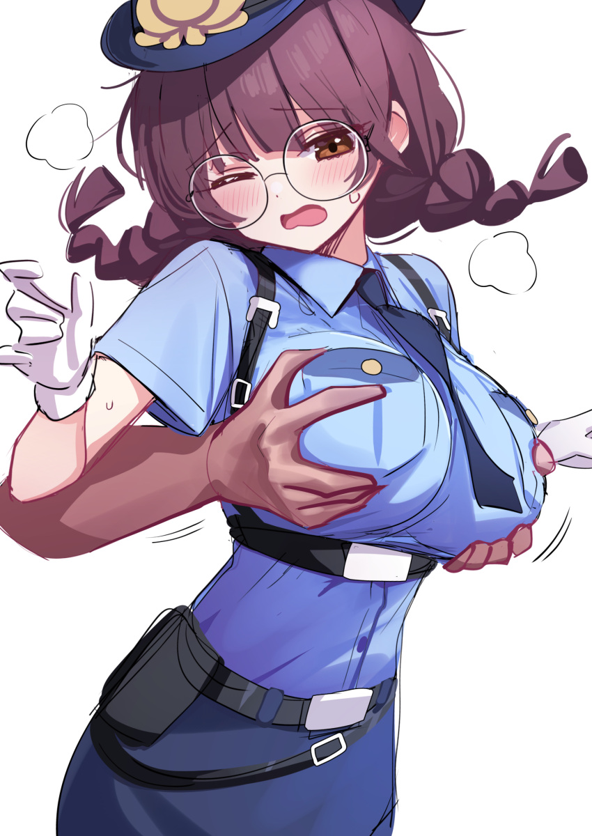 1girl absurdres black_survival blue_shirt blush breast_pocket breasts brown_eyes brown_hair chest_harness deadnooodles disembodied_limb eternal_return:_black_survival glasses gloves grabbing grabbing_another's_breast groping harness hat highres large_breasts one_eye_closed open_mouth pocket police police_hat police_uniform policewoman shirt short_twintails simple_background suzuki_aya twintails underbust uniform white_background white_gloves