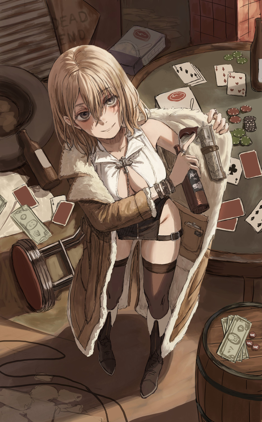 1girl absurdres blonde_hair boots bottle bracelet breasts card cleavage from_above gold_can groin gun hair_between_eyes handgun highres holding holding_bottle jacket jewelry looking_at_viewer looking_up medium_hair money original playing_card poker_chip revealing_clothes ring skindentation sleeveless smile solo standing stool thighhighs weapon wire