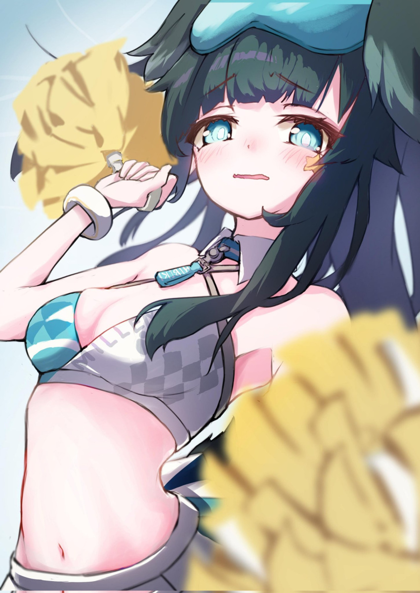 1girl alternate_breast_size animal_ears armpits bare_shoulders black_hair blue_archive blue_eyes blunt_bangs breasts cheerleader cleavage crop_top dog_ears dog_girl dog_tail eyewear_on_head goggles goggles_on_head halterneck hibiki_(blue_archive) hibiki_(cheerleader)_(blue_archive) highres holding holding_pom_poms long_hair meluwow millennium_cheerleader_outfit_(blue_archive) navel official_alternate_costume parted_bangs pom_pom_(cheerleading) simple_background small_breasts solo star_sticker sticker_on_face tail wavy_mouth white_background yellow_halo