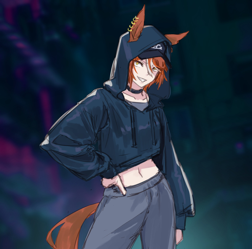 1girl alternate_costume animal_ears arm_at_side baseball_cap belt_collar black_headwear black_hoodie boc'z_(umamusume) collar commentary cowboy_shot cropped_hoodie dictus_striker ears_through_hood grey_pants grin hand_on_own_hip hat highres hood hoodie horse_ears horse_girl horse_tail light_brown_hair long_sleeves midriff multicolored_hair navel orange_hair pants sanpaku sinnra_art sketch smile smirk solo streaked_hair tail two-tone_hair umamusume umamusume:_cinderella_gray yellow_eyes