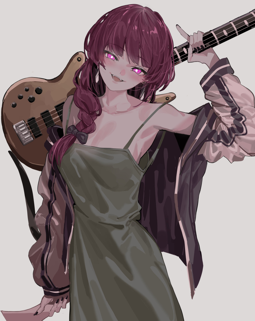 1girl absurdres bachi bass_guitar black_nails bocchi_the_rock! braid breasts dress green_dress grey_background hair_over_shoulder highres hiroi_kikuri holding holding_instrument index_finger_raised instrument jacket kazukingu long_hair long_sleeves looking_at_viewer medium_breasts nail_polish open_clothes open_jacket pink_eyes plectrum purple_eyes purple_hair simple_background single_braid solo