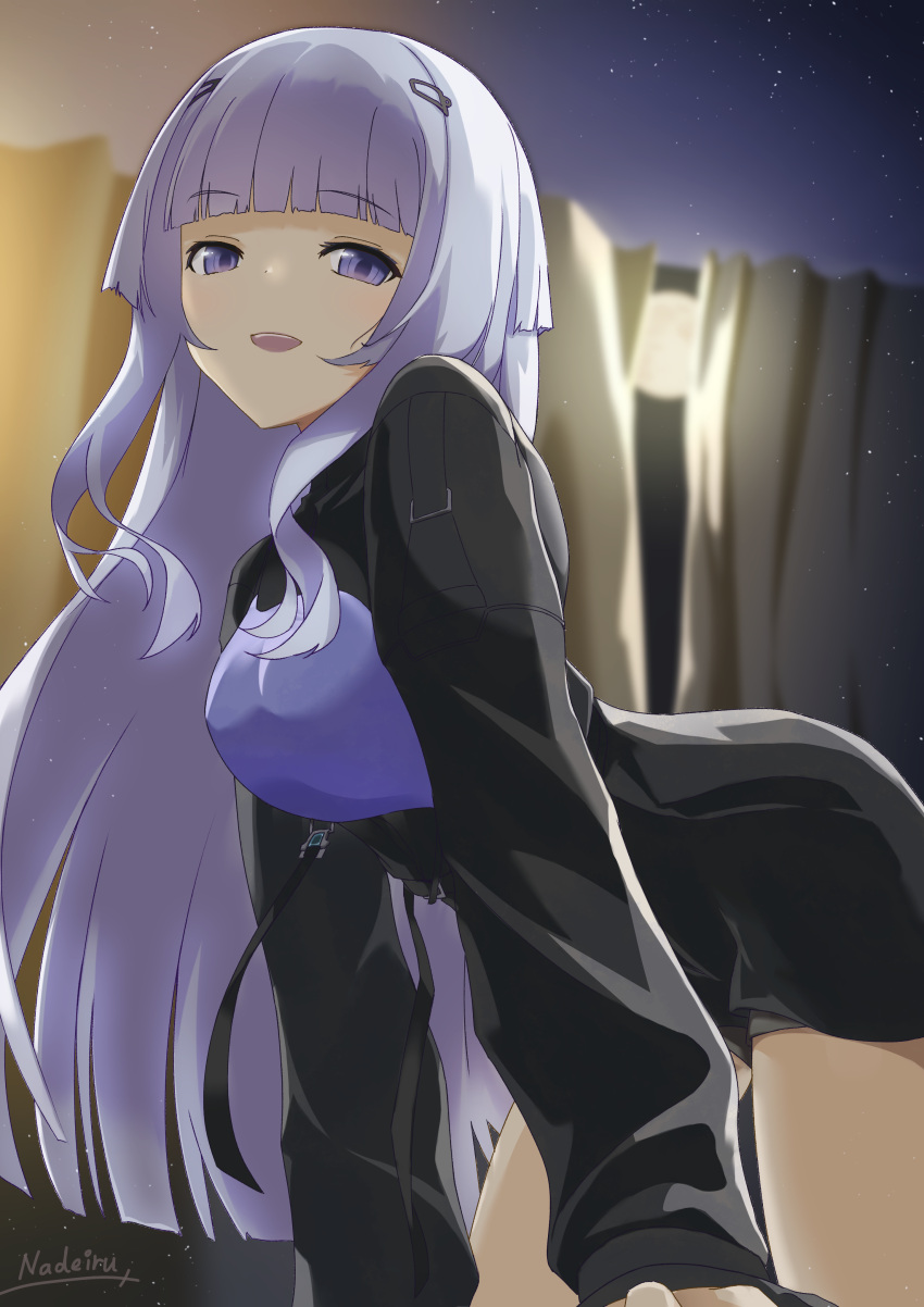 1girl absurdres artist_name black_skirt blunt_bangs blunt_ends breasts grey_hair highres inia_sestina long_hair looking_at_viewer medium_breasts muv-luv muv-luv:_dimensions muv-luv_alternative muv-luv_total_eclipse nadei_ru night night_sky open_mouth purple_shirt shirt shrug_(clothing) sidelocks skirt sky smile solo very_long_hair