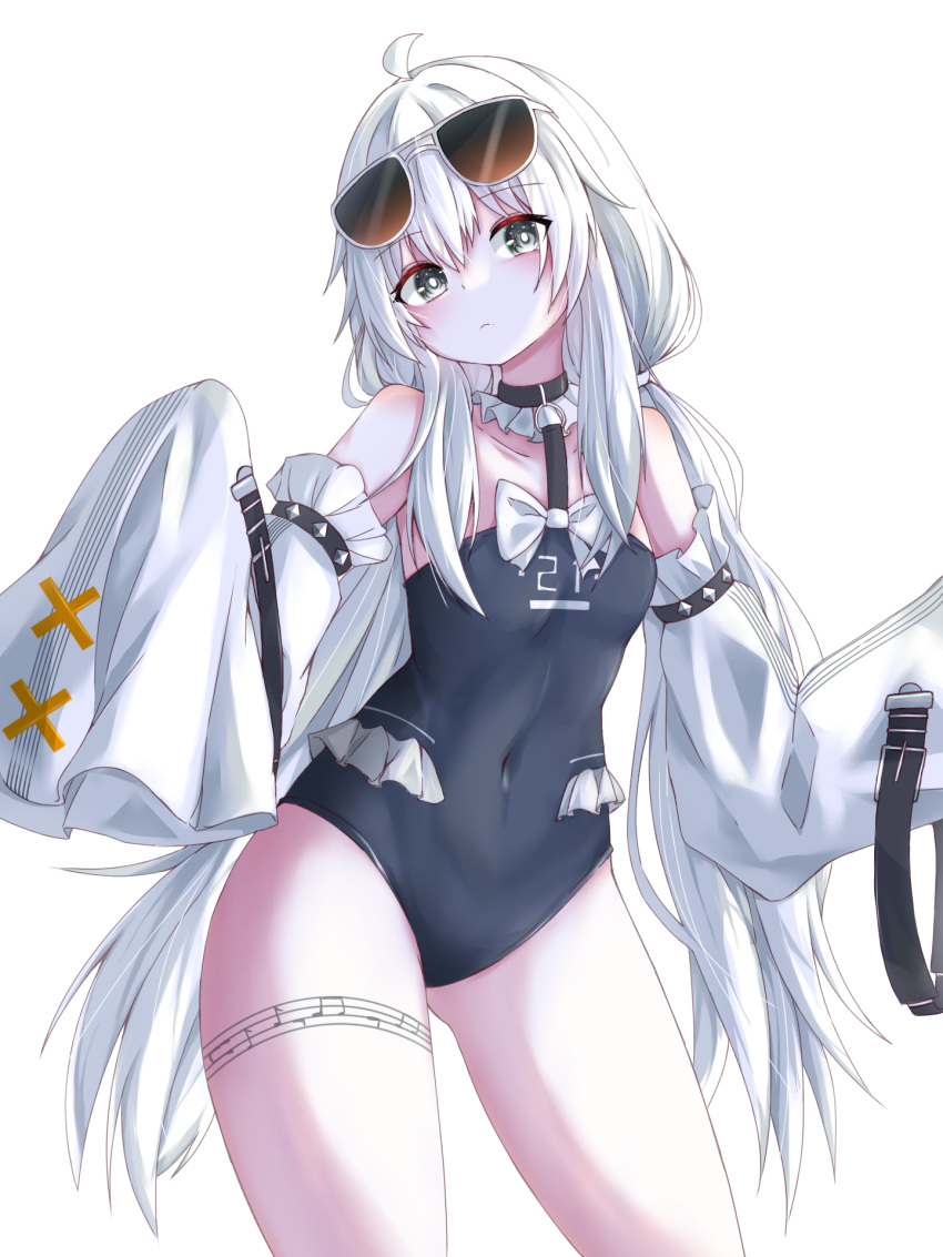 1girl ahoge black_choker black_one-piece_swimsuit choker closed_mouth detached_sleeves eyewear_on_head grey_eyes highres leg_tattoo ling_yi_i long_hair name_tag no.21_(punishing:_gray_raven) one-piece_swimsuit pentagram_tattoo punishing:_gray_raven ribbon sidelocks sleeves_past_fingers sleeves_past_wrists sunglasses swimsuit tattoo twintails very_long_hair white_background white_hair white_ribbon wide_sleeves