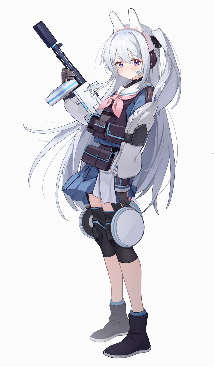 1girl absurdres animal_ears black_footwear blue_archive blue_skirt blush boots closed_mouth cyan_yu earpiece fake_animal_ears gloves grey_hair gun hair_between_eyes highres holding holding_gun holding_weapon knee_pads long_hair long_sleeves miyako_(blue_archive) neckerchief one_side_up pink_neckerchief pleated_skirt purple_eyes rabbit_ears sailor_collar simple_background skirt solo weapon white_background white_sailor_collar