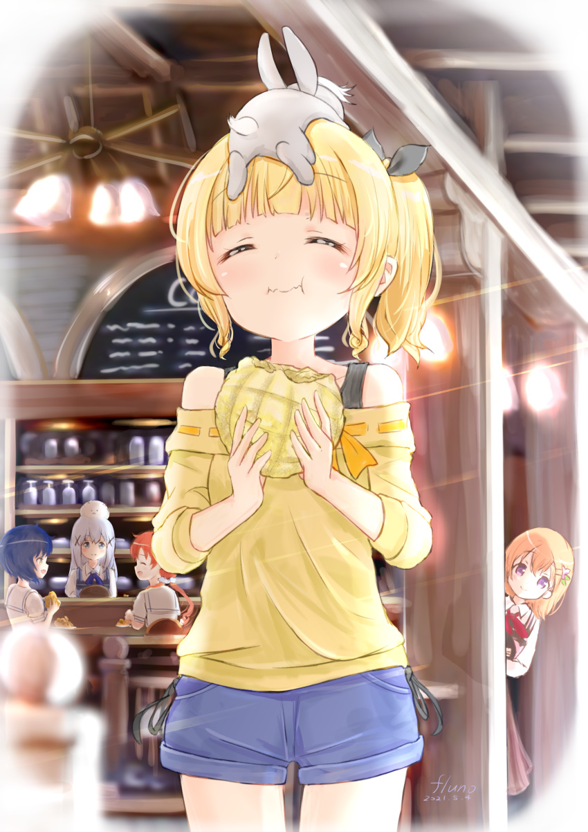 5girls absurdres animal_on_head artist_name bare_shoulders blonde_hair blue_hair bread cafe closed_eyes closed_mouth dated denim denim_shorts eating fluno food gochuumon_wa_usagi_desu_ka? hiding highres holding holding_food hoto_cocoa indoors jouga_maya kafuu_chino kirima_syaro looking_at_another melon_bread multiple_girls natsu_megumi on_head peeking_out rabbit rabbit_on_head shirt shorts tippy_(gochiusa) white_hair wild_geese wooden_ceiling yellow_shirt