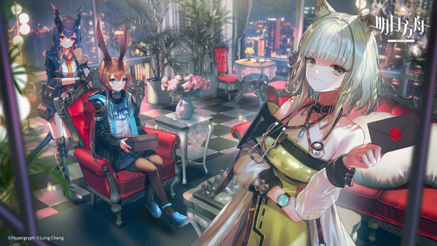 3girls amiya_(arknights) animal_ears anklet arknights ascot black_footwear black_gloves black_jacket black_shorts blue_ascot blue_eyes blue_footwear blue_hair blue_skirt boots box breasts brown_hair brown_pantyhose bubble_tea cat_ears cat_girl ch'en_(arknights) chair chess_piece chessboard closed_mouth collared_shirt copyright_name cup disposable_cup dragon_girl dragon_horns dragon_tail dress drinking_straw envelope fingerless_gloves flower gloves green_dress green_eyes green_hair hanato_(seonoaiko) hand_up highres holding holding_box holding_cup holding_envelope hood hood_down hooded_jacket horns indoors jacket jewelry kal'tsit_(arknights) knee_boots lamp light long_hair long_sleeves looking_at_viewer low-tied_long_hair low_twintails multiple_girls multiple_rings necktie off-shoulder_dress off_shoulder official_art open_clothes open_jacket pantyhose pink_flower plaid plaid_skirt plant pleated_skirt ponytail potted_plant rabbit_ears rabbit_girl red_eyes red_necktie ring shirt short_shorts shorts sidelocks sitting skirt sleeves_past_elbows small_breasts smile standing stethoscope table tail thighlet twintails v-shaped_eyebrows watch watermark wax_seal white_shirt window wristwatch