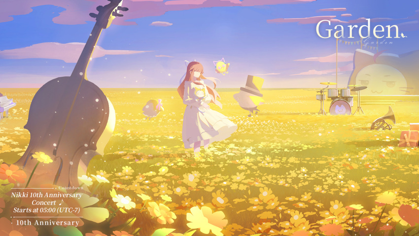 1boy 1girl animal anniversary artist_request bare_legs black_headwear cat cello clear_sky cloud commentary copyright_name dated dress drum drum_set dusk english_commentary english_text faceless faceless_female field flower flower_field gift grass hat highres holding holding_animal holding_cat infinity_nikki instrument long_hair miracle_nikki momo_(miracle_nikki) nikki_(miracle_nikki) official_art outdoors piano pink_hair ribbon shining_nikki sky trumpet white_dress yellow_cloak